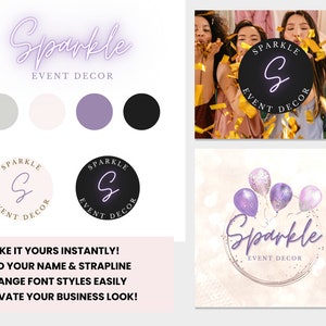 May include: A logo design template for an event decor business called "Sparkle Event Decor". The logo features a purple neon "S" inside a circle with the text "Sparkle Event Decor" below. The template includes a color palette of gray, white, purple, and black.