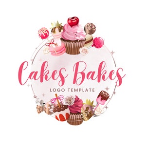 Cakes Bakes Logo Design, Dessert Logo, Party Table, Cake Pops Logo, Dessert Bar, Sweets Logo, Bakery Brand, Pink, Cupcakes Canva Template