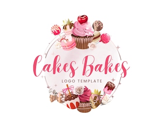 Könnte beinhalten: Ein pinkfarbenes und weißes Logo-Design für eine Bäckerei namens "Cakes Bakes" mit einem Aquarellhintergrund. Das Logo zeigt eine Vielzahl von süßen Leckereien, darunter Cupcakes, Cake Pops und Macarons.