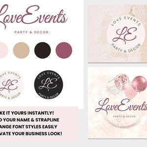 May include: A logo design for a party and decor business called "Love Events". The logo features a pink and white circle with the letters "LE" in a cursive font. The text "Love Events" is written in a pink cursive font with the words "Party & Decor" underneath. The logo is surrounded by a pink and white marble background.