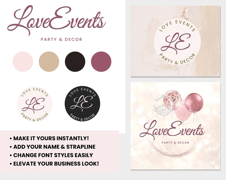 May include: A logo design for a party and decor business called "Love Events". The logo features a pink and white circle with the letters "LE" in a cursive font. The text "Love Events" is written in a pink cursive font with the words "Party & Decor" underneath. The logo is surrounded by a pink and white marble background.