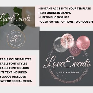May include: A Canva template for a party planning business called "Love Events" with a logo featuring a pink and gold "LE" in a circle. The template features a pink and white balloon graphic with confetti and the text "Love Events" in a pink script font.