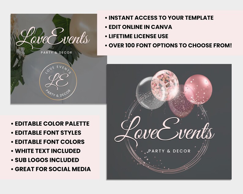 May include: A Canva template for a party planning business called "Love Events" with a logo featuring a pink and gold "LE" in a circle. The template features a pink and white balloon graphic with confetti and the text "Love Events" in a pink script font.