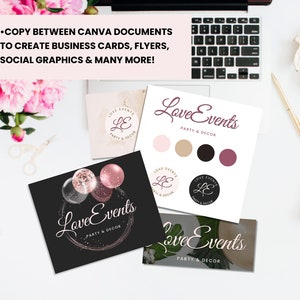 May include: A collection of logo designs for a business called "Love Events" that specialises in party and decor. The logos feature a variety of styles, including a circle with the initials "LE" and a logo with balloons. The colour palette includes pink, black, and brown.