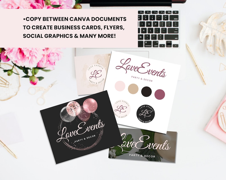 May include: A collection of logo designs for a business called "Love Events" that specialises in party and decor. The logos feature a variety of styles, including a circle with the initials "LE" and a logo with balloons. The colour palette includes pink, black, and brown.