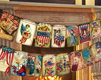 Vintage 4th of July Banner, Patriotic USA Hanging Garland, Memorial Day Party Supplies