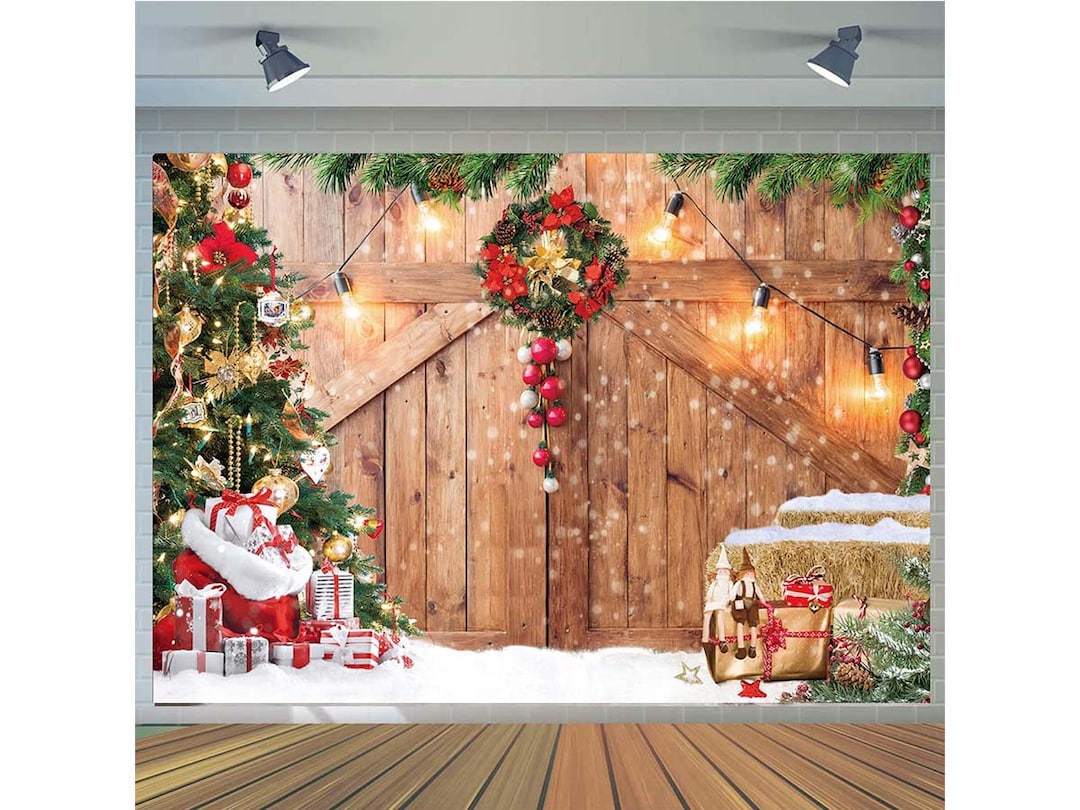 7x5ft Christmas Barn Wood Door Photography Backdrop Xmas Tree Snow Gift