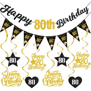 May include: A festive 80th birthday party decoration set. Includes a banner with "Happy 80th Birthday" text, pennant flags, star and heart-shaped cutouts, and hanging swirls in black and gold.