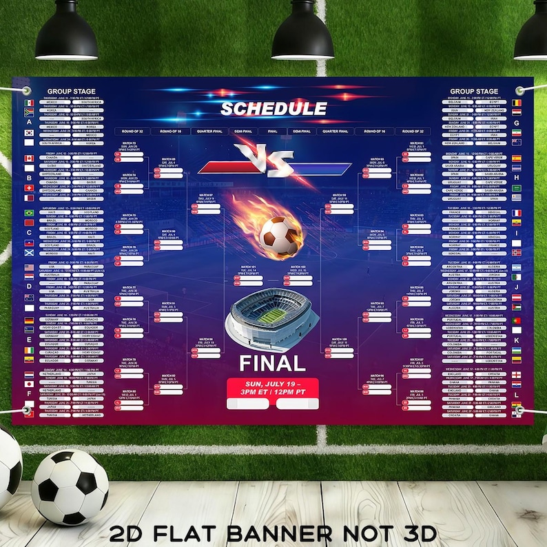 May include: A large banner with a soccer tournament schedule, featuring a soccer ball engulfed in flames and a stadium graphic. The banner includes the word "SCHEDULE" and "FINAL" with the date and time. Two soccer balls are in the foreground.