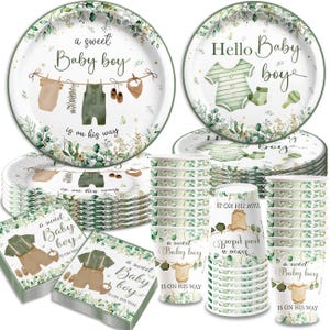 Boho Greenery Baby Shower Disposable Tableware Set, Paper Plates Cups Napkins for Gender Reveal Party, Serves 24