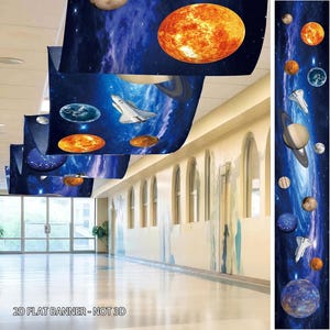 2D Flat Outer Space Ceiling Banner, Solar System Hanging Decor for VBS, Classroom and Space Themed Birthday Party