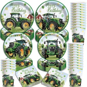 May include: A tractor-themed party supply set including round paper plates, paper cups, and napkins. Each item features a green tractor in a field with a red barn, green balloons, and the text Happy Birthday in a cursive script font.