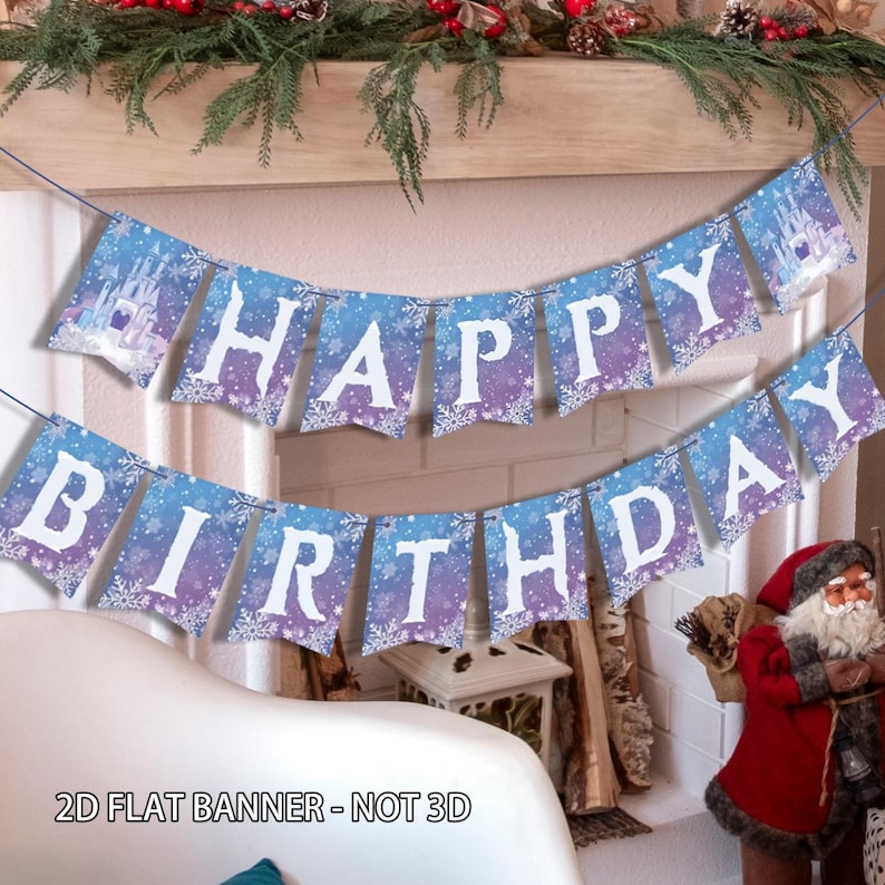 2D Flat Frozen Birthday Banner, Winter Snowflake Happy Birthday Banner for Winter Wonderland Christmas Party Decor bild 1
