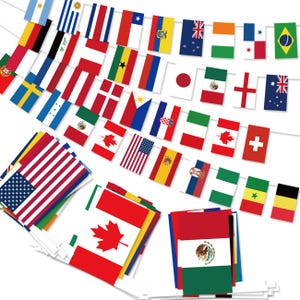 May include: A collection of colorful flag banners and individual flags. The banners feature flags from various countries, including the United States, Canada, and Mexico. The flags are rectangular and have different designs and colors.