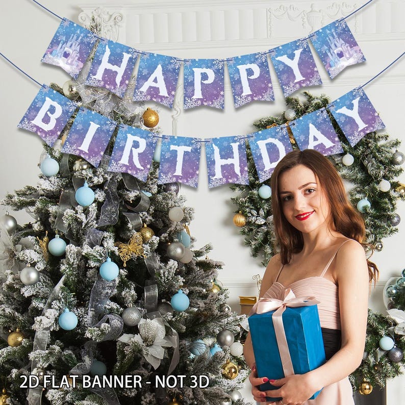 2D Flat Frozen Birthday Banner, Winter Snowflake Happy Birthday Banner for Winter Wonderland Christmas Party Decor bild 3