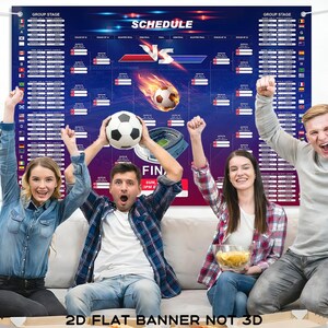 May include: A large banner with a soccer schedule, featuring a soccer ball on fire and a stadium graphic. The word "SCHEDULE" is at the top. Four people are in the foreground, celebrating with a soccer ball and snacks.