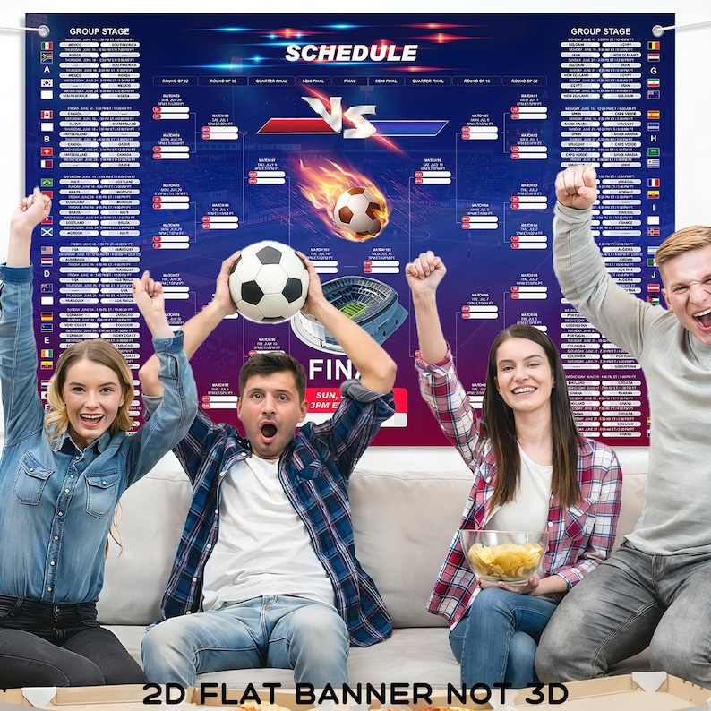 May include: A large banner with a soccer schedule, featuring a soccer ball on fire and a stadium graphic. The word "SCHEDULE" is at the top. Four people are in the foreground, celebrating with a soccer ball and snacks.
