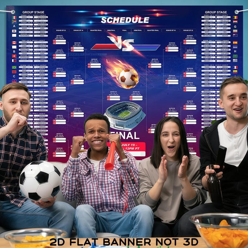 May include: A group of four people watching a soccer game. A large blue banner displays a soccer schedule with the word "SCHEDULE" at the top. A soccer ball is on fire in the center of the banner. The text "FINAL JULY 19 - 12PM PT" is also visible.