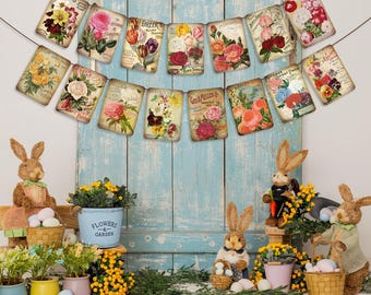 16 Pcs Vintage Flower Seed Packet Banner, Spring Floral Bunting for Easter Garden Decor