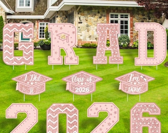 Pink Glitter Graduation Yard Signs, Class of 2026 Grad Cap Lawn Decor