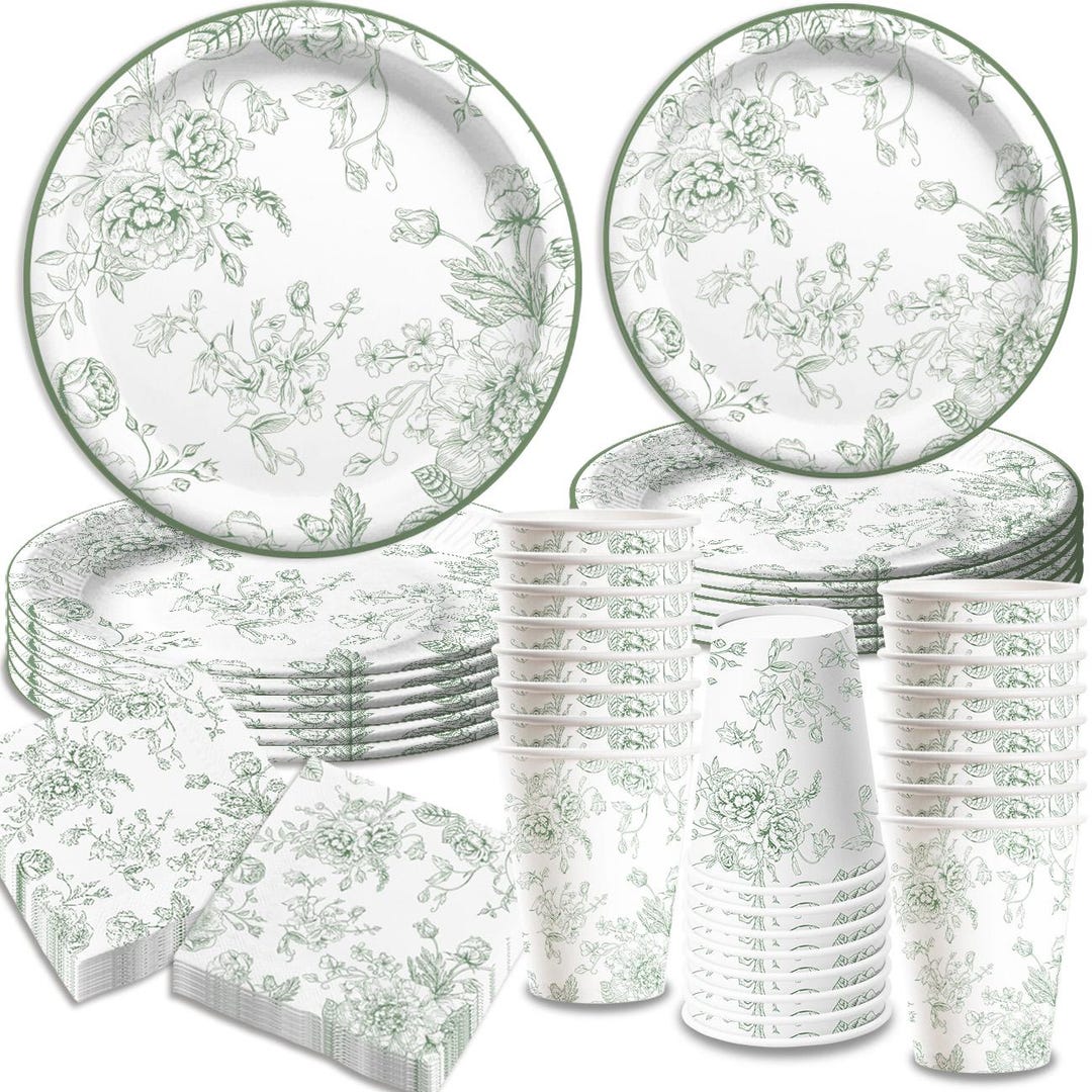 Sage Green Floral Disposable Tableware Set Includes Plates Cups Napkins ...