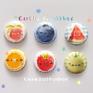 Cutie Fruities Button Pins | 1 Inch Badge Set | Kawaii Backpack Accessories | Blueberry Bag Charms | Mini Filler Pins