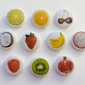 Fruit Button Pins 1 inch – Cute Fruit Accessories | Banana, Cherry, Kiwi, Strawberry | Gifts under 5, stocking stuffers