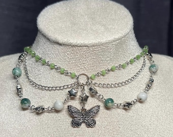 Silver butterfly necklace Wired green stone crystal choker Fairy core