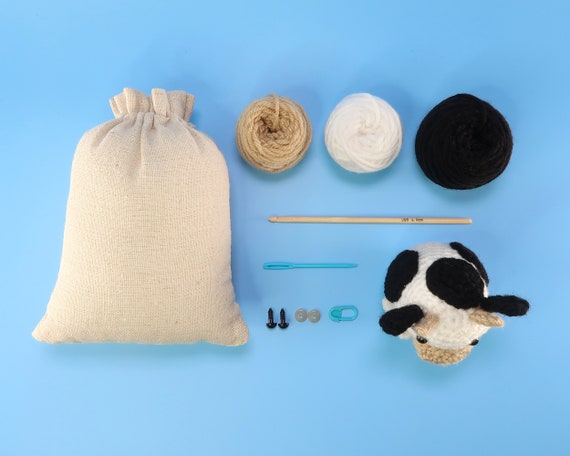 BEGINNER CROCHET KIT Amigurumi Cow, Easy Starter Crochet Kit