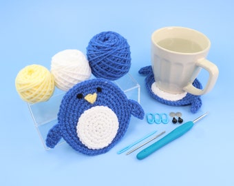 Beginner Coaster Crochet Kit - Pudgy The Penguin Easy Crochet Starter Kit - Crochet Animals Kit - Amigurumi Kit - Crochet Gift