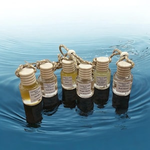 May include: Seven small glass bottles with wooden tops and string hangers, floating in blue water. Each bottle has a label with the text "Candles & Lights Make Everything Nice" and a different scent name: "Vanilla", "Volcanic", "Diva", "Sugar Stars", "Apple Maple", and "Butt Naked".