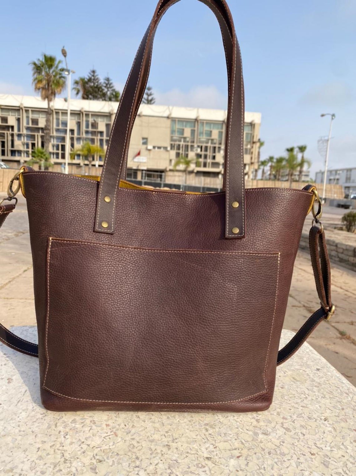 Lux leather tote bag large bag with inside and outside Etsy