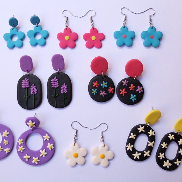 Pendientes de flores, Lavandas, Margaritas, Arcilla polimérica, Pendientes coloridos, Retro, Pendientes ovalados, Pendientes circulares