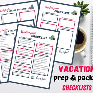 Può includere: Quattro liste di controllo stampabili per la preparazione e l'imballaggio delle vacanze. Le liste di controllo sono intitolate "Lista di controllo per l'imballaggio delle vacanze in famiglia", "Lista di controllo per la preparazione delle vacanze" e "Preparazione per le vacanze e liste di controllo per l'imballaggio". Le liste di controllo includono categorie come vestiti, medicine, cibo, animali domestici, preparazione della casa, preparazione del lavoro e preparazione del viaggio.