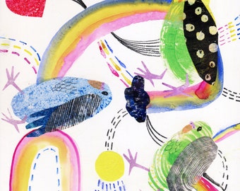 Parakeets and Rainbows -- Original Art -- Ready to Hang!