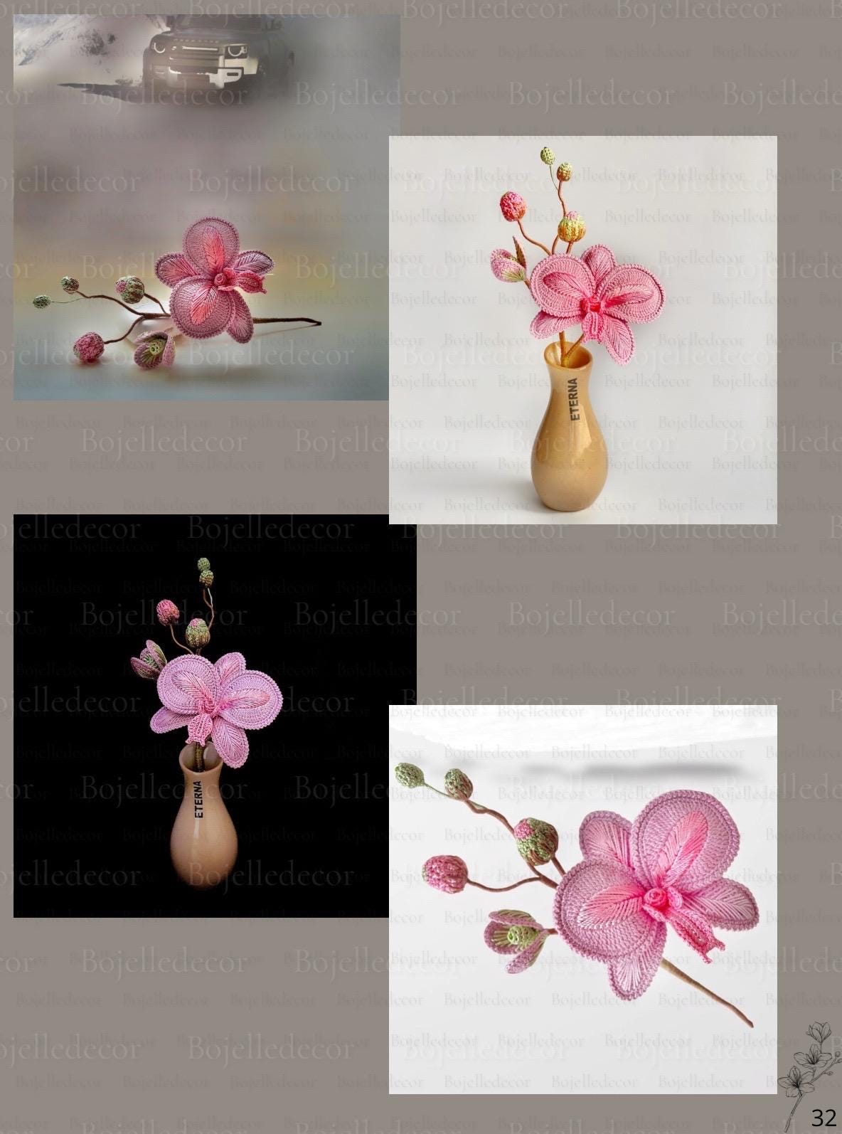 ピンクのかぎ針編みの蘭のパターン：胡蝶蘭の花束（PDFパターン