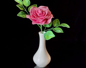 Pink Crochet Rose Flower Arrangement, Cotton Amigurumi Home Decor (Without Vase)