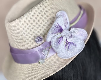Crochet Orchid Brooch, White & Purple Knitted Flower Pin, Hat or Clothes accessories