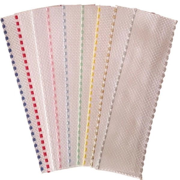 Aida 14ct Bookmark Blanks | 18x5cm 7x2" | 14 Count Cross Stitch Fabric | White with Blue Pink Sky Green Red White Yellow Edge | Pastel Mix