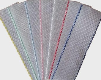 Aida Bookmark Blanks: White 14 Count Cotton Fabric 7x2" 17.8x5cm, Choice of Coloured Edge