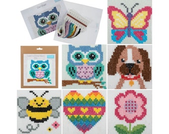 Learn to Cross Stitch Kit | Heart Bee Owl Dog Flower Butterfly | 20cm/8" Square | Binca Threads Needle Pattern Guide | Kids Stocking Filler