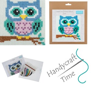 May include: A cross stitch kit featuring a cute blue and green owl with big eyes. The kit includes a pre-printed fabric, embroidery floss, and a needle. The packaging says "Learn to Cross Stitch Owl".