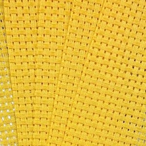 May include: A bright yellow fabric featuring a distinct basketweave texture. The material displays a consistent grid pattern created by interlacing thick, horizontal and vertical threads, resulting in a dense, uniform, and structured textile surface.