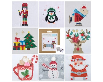 Christmas Cross Stitch Kit | Dachshund Penguin Polar Bear Tree Rudolf Snowman Santa | Mini Kit contains Aida Thread Needle Pattern & Guide