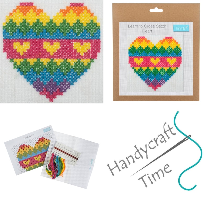 May include: A rainbow heart cross stitch kit with a chart, floss, and Aida fabric. The kit includes instructions for learning to cross stitch. The packaging features the text "Learn to Cross Stitch Heart" and the logo "Handycraft Time".