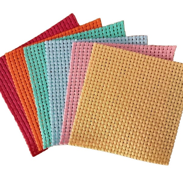 Binca 15cm 6" Squares | 5 Count | Cross Stitch Fabric for Children Beginner Sewing | Blue Green Orange Pink Red Yellow or 5 Colour Mix