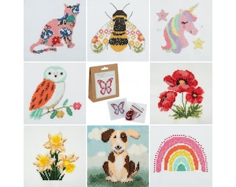 Mini Cross Stitch Kit | 9 Designs: Cat Butterfly Bee Rainbow Owl Dog Poppies Daffodil Toadstools | Aida Thread Needle Pattern | 13x13cm 5x5"