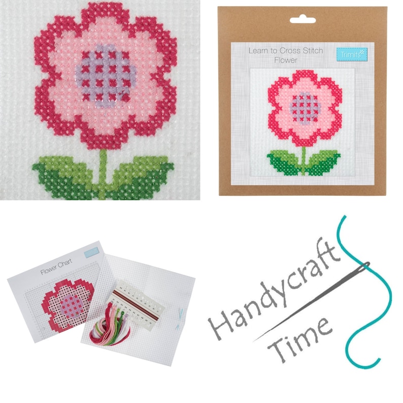 May include: A cross stitch kit featuring a pink flower with green leaves. The kit includes a flower chart, embroidery floss, and a piece of Aida cloth. The packaging includes the text "Learn to Cross Stitch Flower" and "Handycraft Time".