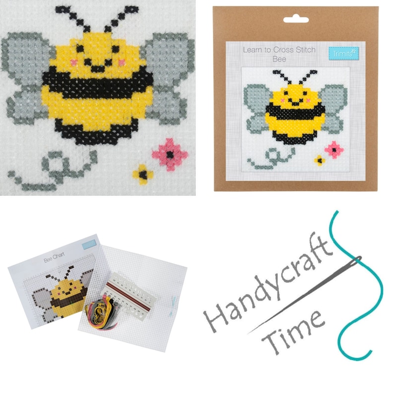 May include: A cross stitch kit featuring a cute cartoon bee with black and yellow stripes, gray wings, and a smiling face. The kit includes a printed pattern, Aida cloth, embroidery floss, and a needle. Learn to Cross Stitch Bee. Handycraft Time.