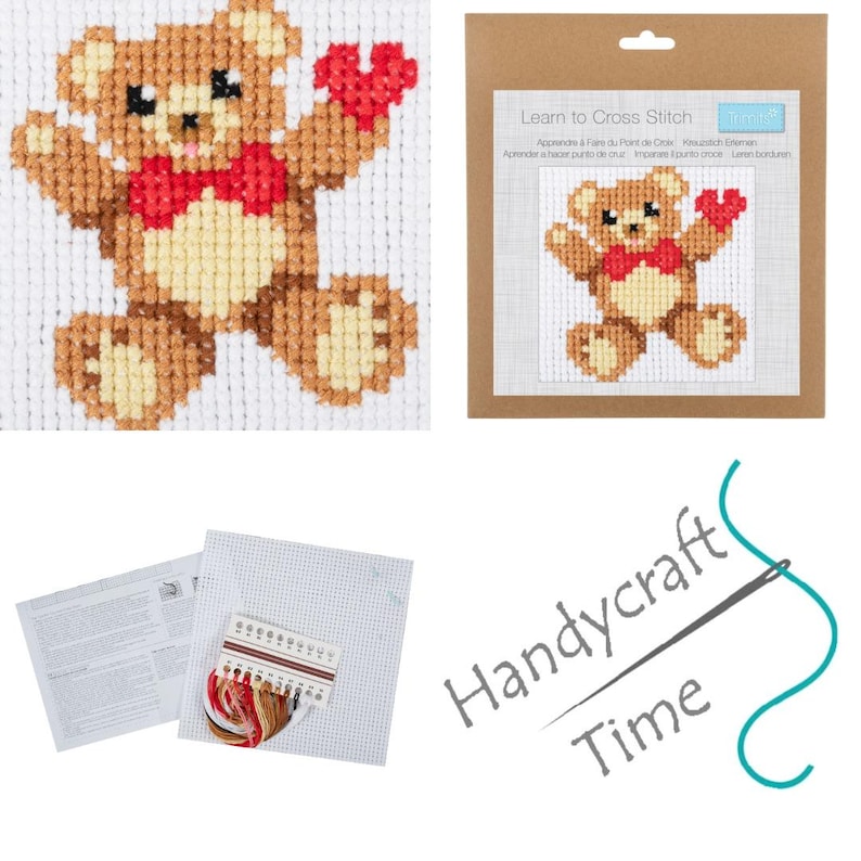 Learn to Cross Stitch Kit: Choice of 10 Bright Designs, Ideal Kids Crafting Gift Teddy Bear